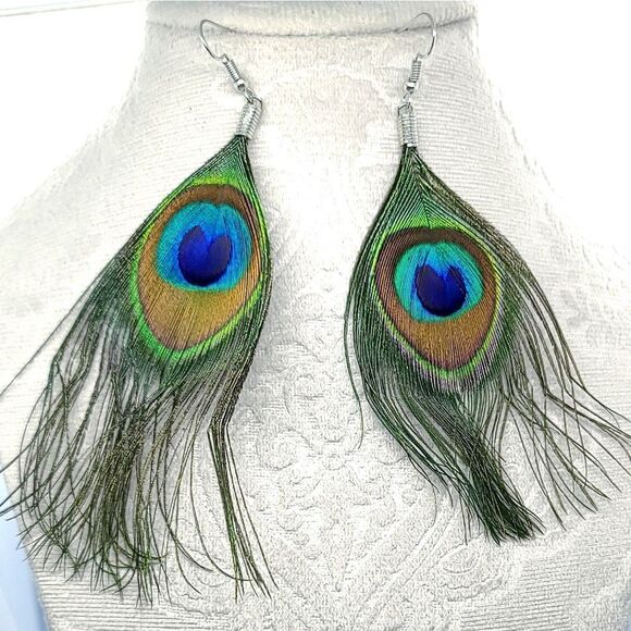 Peacock Eye Feather Wispy Mystical Dangle Earrings Gypsy Hippie 70s Jewelry New - Picture 5 of 6